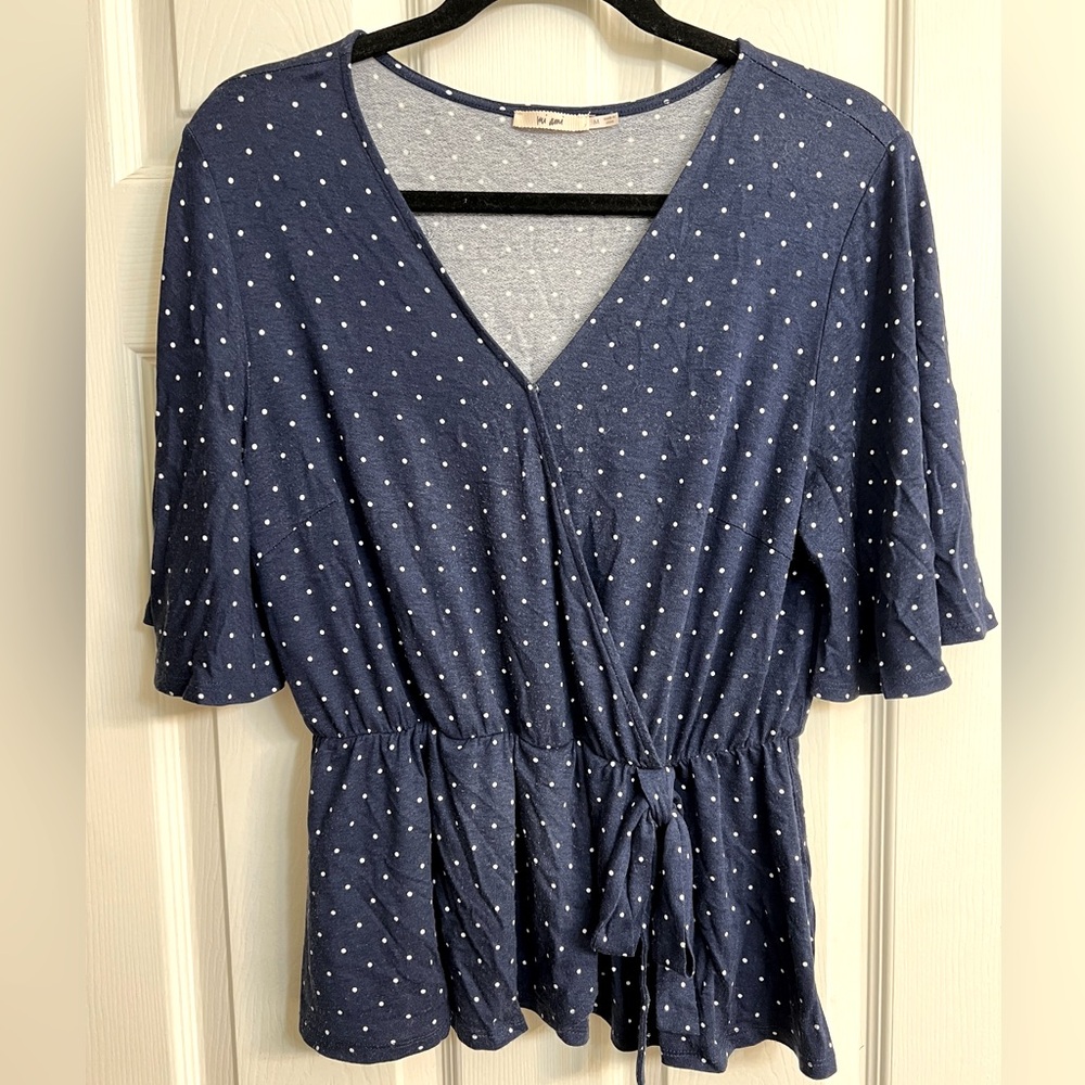 Francesca’s Dark Blue White Polka Dot Blouse